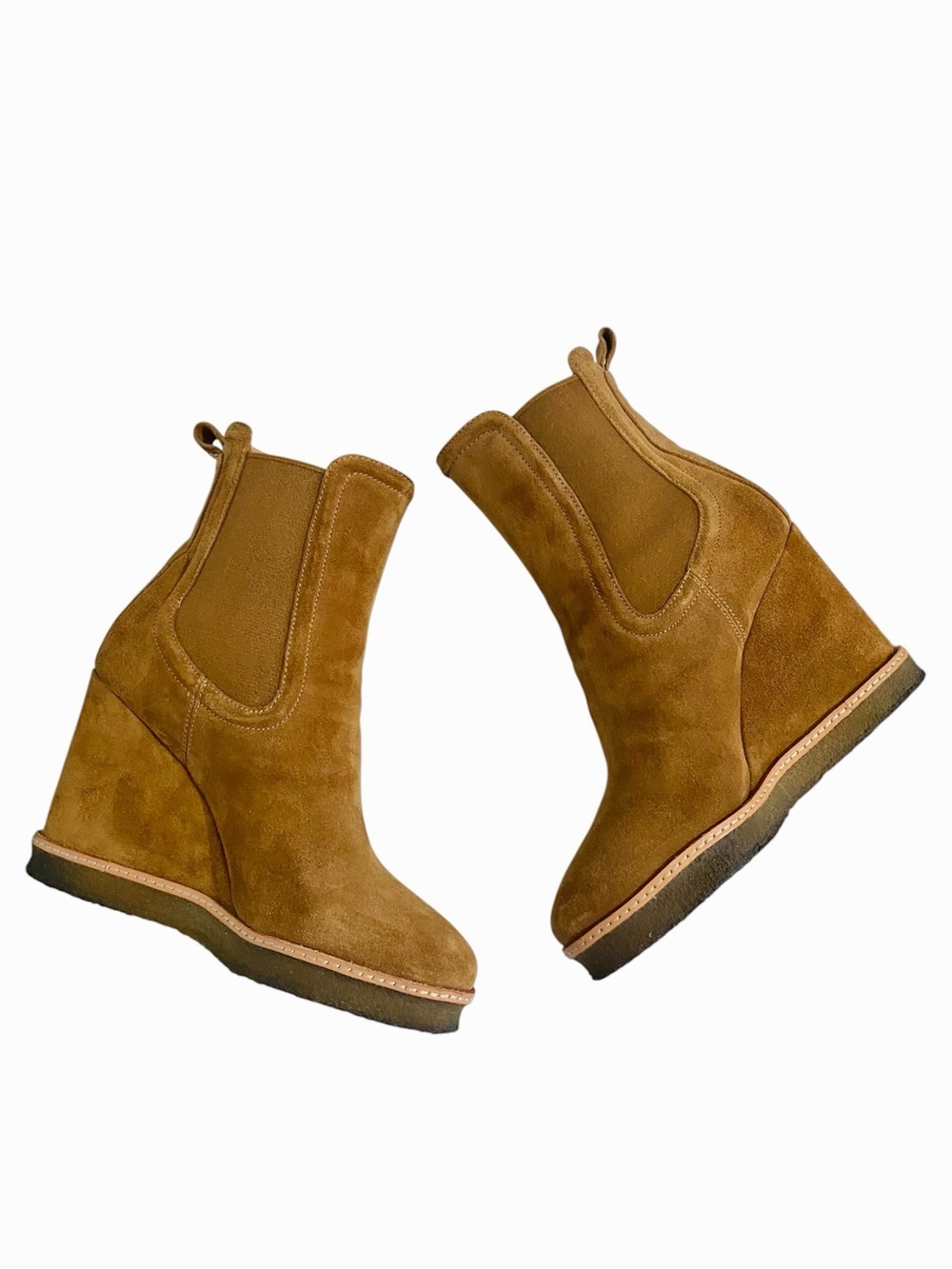 Veronica Beard Aari Wedge Heel Chelsea Boots 38 Size 8 Brown Leather Suede - Picture 9 of 14